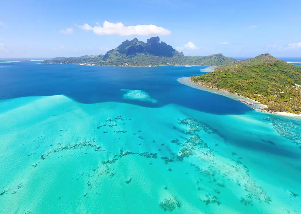 Aerial of Bora Bora — Mount Otemanu and turquoise lagoon, French Polynesia