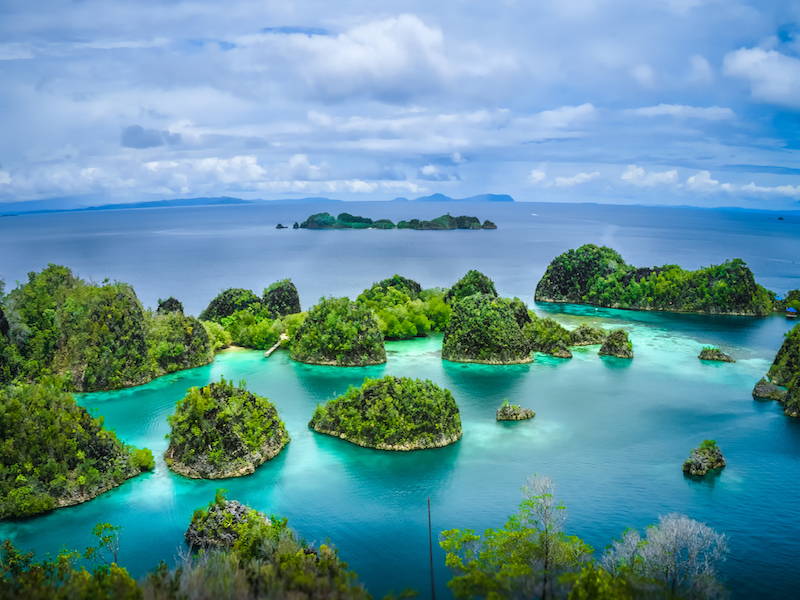 Aerial of islands and turquoise lagoons, Raja Ampat, Indonesia